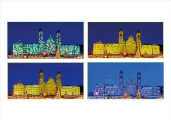Kloster Einsiedeln Lichtprojektion Collage in Gelb und Blau
